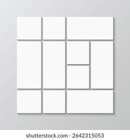 Scrapbook grid. Portfolio images square layout. Photo collage mockup. Mood board background. Gallery banner template. Mosaic moodboard picture frame. Album brandboard. Vector illustration