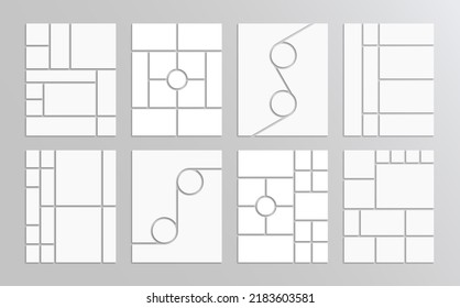Scrapbook grid set. Photo collage layout. Mood board background. Moodboard template collection. Mosaic picture frame. Gallery banner. Album brandboard. Portfolio images. Vector illustration