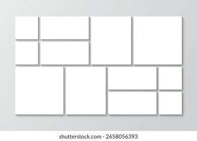 Modelo de grade do Scrapbook. Imagens mosaico mockup. Moldura da imagem do quadro de humor. Colagem de fotos. Álbum com a marca. Layout da galeria de portfólio. Banner quadrado do Moodboard. Ilustração vetorial