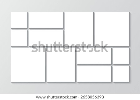 Scrapbook grid template. Images mosaic mockup. Mood board picture frame. Photo collage. Album brandboard. Portfolio gallery layout. Moodboard square banner. Vector illustration