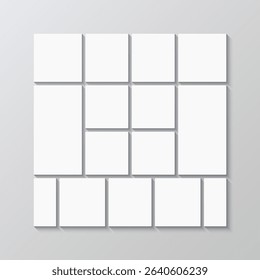 Scrapbook grid template. Moodboard portfolio images mockup. Album brandboard. Mosaic picture frame. Photo collage square layout. Mood board background. Gallery banner. Vector illustration