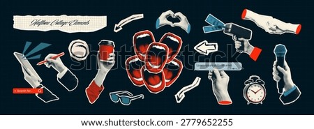 Scrapbook halftone collage elements with hands, megaphones, speech bubbles, arrows, coffee cup and retro objects. Trendy pop art cut-out collection with vintage print texture for social media, posters, branding and creative design projects.