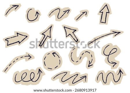 Scrapbook Hand drawn arrows, journal sketch collection with scribble forms on paper stickers, ideal for innovative designs. Black ink graphics provide flexible directions, suitable for art projects or