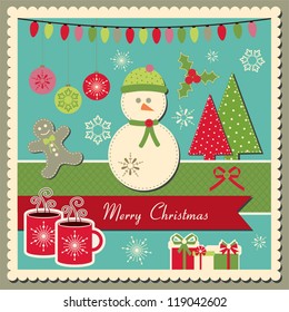 Scrapbook inspired vector scrapbook Christmas card with snowman