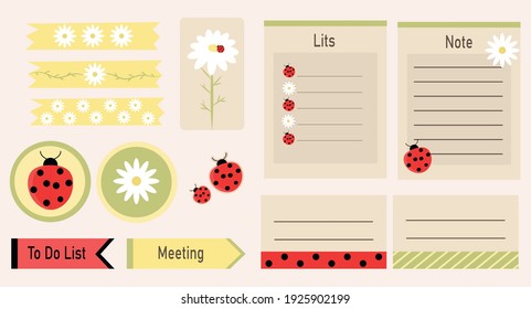 Scrapbook kit with drawings of ladybugs and daisies vector. Illustration.