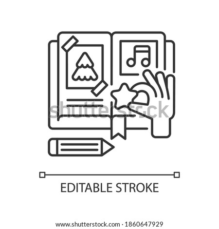 Scrapbook linear icon. Wintertime DIY project. Decorated diary page. Festive holiday. Thin line customizable illustration. Contour symbol. Vector isolated outline drawing. Editable stroke