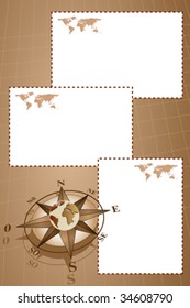 Scrapbook with map world, globe and compass rose, vintage style