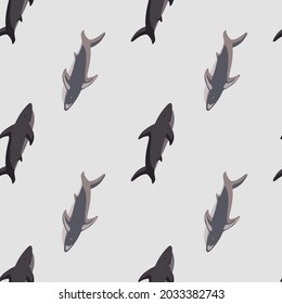 Scrapbook marine seamless pattern with simple style shark silhouettes. Grey background. Modern zoo print. Designed for fabric design, textile print, wrapping, cover. Vector illustration.