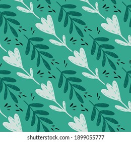 Scrapbook nature seamless pattern with doodle flowers and leaves ornament. Turquoise background. Vector illustration for seasonal textile prints, fabric, banners, backdrops and wallpapers.