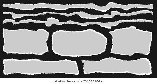 Scrapbook or notebook page with torn paper edge. Vector sheet featuring a cutout frame with irregular, wavy lines and rough texture. Contemporary abstract ripped paper illustration for collage.