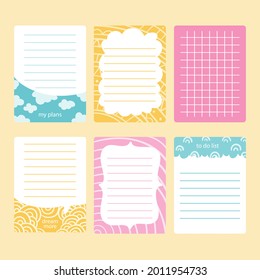 Scrapbook notes and cards. Diary, page notebook, notepad bookmark design. Daily planner element template. Personal memo, paper blank list,  document, sticker, cardboard. Vector illustration. 