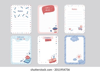 Scrapbook notes and cards. Diary, page notebook, notepad bookmark design. Daily planner element template. Personal memo, paper blank list,  document, sticker, cardboard. Vector illustration. 