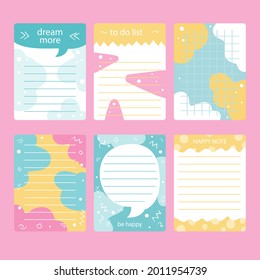Scrapbook notes and cards. Diary, page notebook, notepad bookmark design. Daily planner element template. Personal memo, paper blank list,  document, sticker, cardboard. Vector illustration. 