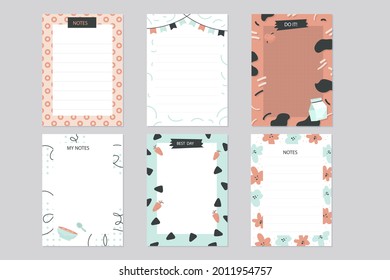 Scrapbook notes and cards. Diary, page notebook, notepad bookmark design. Daily planner element template. Personal memo, paper blank list,  document, sticker, cardboard. Vector illustration. 