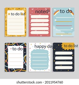Scrapbook notes and cards. Diary, page notebook, notepad bookmark design. Daily planner element template. Personal memo, paper blank list,  document, sticker, cardboard. Vector illustration. 