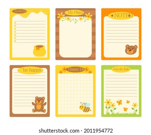Scrapbook notes and cards. Diary, page notebook, notepad bookmark design. Daily planner element template. Personal memo, paper blank list,  document, sticker, cardboard. Vector illustration. 