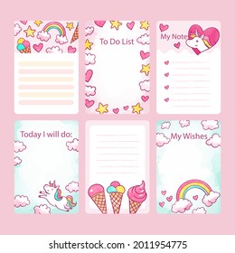 Scrapbook notes and cards. Diary, page notebook, notepad bookmark design. Daily planner element template. Personal memo, paper blank list,  document, sticker, cardboard. Vector illustration. 