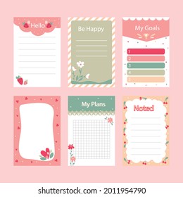 Scrapbook notes and cards. Diary, page notebook, notepad bookmark design. Daily planner element template. Personal memo, paper blank list,  document, sticker, cardboard. Vector illustration. 