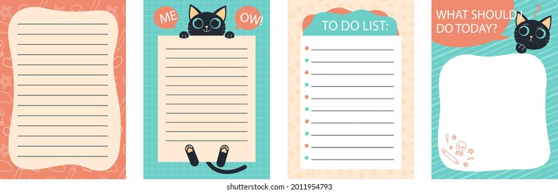 Scrapbook notes and cards. Diary, page notebook, notepad bookmark design. Daily planner element template. Personal memo, paper blank list,  document, sticker, cardboard. Vector illustration. 