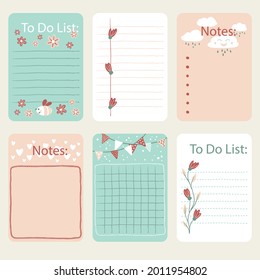Scrapbook notes and cards. Diary, page notebook, notepad bookmark design. Daily planner element template. Personal memo, paper blank list,  document, sticker, cardboard. Vector illustration. 