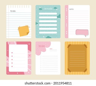 Notas y tarjetas de cuaderno de calificaciones. Diario, bloc de notas de página, diseño de marcadores de notas. Plantilla de elemento planificador diario. Memo personal, lista en blanco de papel, documento, etiqueta adhesiva, cartón. Ilustración vectorial. 