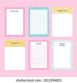 Scrapbook notes and cards. Diary, page notebook, notepad bookmark design. Daily planner element template. Personal memo, paper blank list,  document, sticker, cardboard. Vector illustration. 