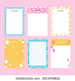 Scrapbook notes and cards. Diary, page notebook, notepad bookmark design. Daily planner element template. Personal memo, paper blank list,  document, sticker, cardboard. Vector illustration. 