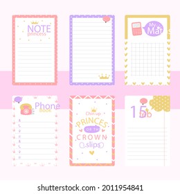 Scrapbook notes and cards. Diary, page notebook, notepad bookmark design. Daily planner element template. Personal memo, paper blank list,  document, sticker, cardboard. Vector illustration. 