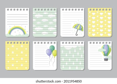 Scrapbook notes and cards. Diary, page notebook, notepad bookmark design. Daily planner element template. Personal memo, paper blank list,  document, sticker, cardboard. Vector illustration. 