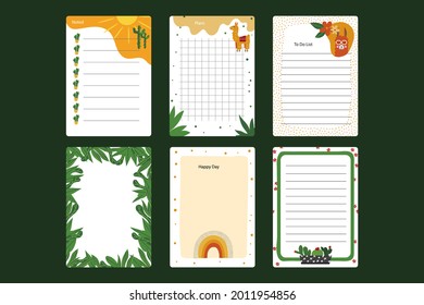 Scrapbook notes and cards. Diary, page notebook, notepad bookmark design. Daily planner element template. Personal memo, paper blank list,  document, sticker, cardboard. Vector illustration. 
