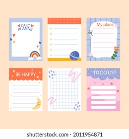 Scrapbook notes and cards. Diary, page notebook, notepad bookmark design. Daily planner element template. Personal memo, paper blank list,  document, sticker, cardboard. Vector illustration. 