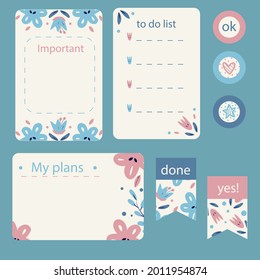 Scrapbook notes and cards. Diary, page notebook, notepad bookmark design. Daily planner element template. Personal memo, paper blank list,  document, sticker, cardboard. Vector illustration. 