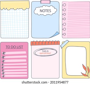 Notas y tarjetas de cuaderno de calificaciones. Diario, bloc de notas de página, diseño de marcadores de notas. Plantilla de elemento planificador diario. Memo personal, lista en blanco de papel, documento, etiqueta adhesiva, cartón. Ilustración vectorial. 