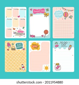 Scrapbook notes and cards. Diary, page notebook, notepad bookmark design. Daily planner element template. Personal memo, paper blank list,  document, sticker, cardboard. Vector illustration. 