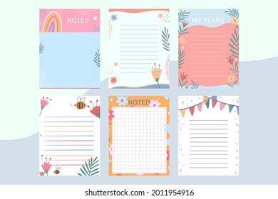 Scrapbook notes and cards. Diary, page notebook, notepad bookmark design. Daily planner element template. Personal memo, paper blank list,  document, sticker, cardboard. Vector illustration. 