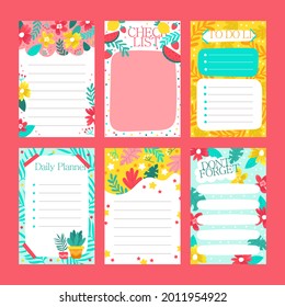 Scrapbook notes and cards. Diary, page notebook, notepad bookmark design. Daily planner element template. Personal memo, paper blank list,  document, sticker, cardboard. Vector illustration. 