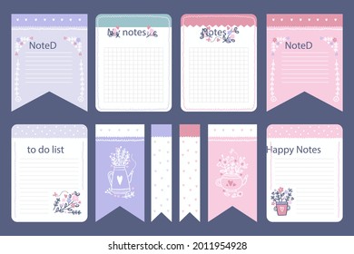 Scrapbook notes and cards. Diary, page notebook, notepad bookmark design. Daily planner element template. Personal memo, paper blank list,  document, sticker, cardboard. Vector illustration. 