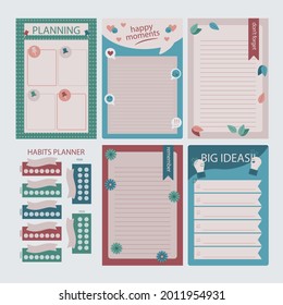 Scrapbook notes and cards. Diary, page notebook, notepad bookmark design. Daily planner element template. Personal memo, paper blank list,  document, sticker, cardboard. Vector illustration. 