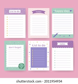 Scrapbook notes and cards. Diary, page notebook, notepad bookmark design. Daily planner element template. Personal memo, paper blank list,  document, sticker, cardboard. Vector illustration. 
