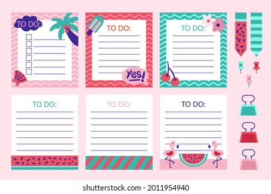 Notas y tarjetas de cuaderno de calificaciones. Diario, bloc de notas de página, diseño de marcadores de notas. Plantilla de elemento planificador diario. Memo personal, lista en blanco de papel, documento, etiqueta adhesiva, cartón. Ilustración vectorial. 
