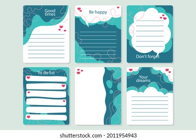 Scrapbook notes and cards. Diary, page notebook, notepad bookmark design. Daily planner element template. Personal memo, paper blank list,  document, sticker, cardboard. Vector illustration. 