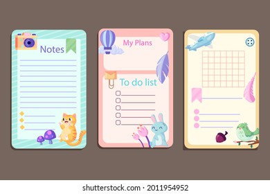 Scrapbook notes and cards. Diary, page notebook, notepad bookmark design. Daily planner element template. Personal memo, paper blank list,  document, sticker, cardboard. Vector illustration. 