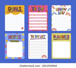 Scrapbook notes and cards. Diary, page notebook, notepad bookmark design. Daily planner element template. Personal memo, paper blank list,  document, sticker, cardboard. Vector illustration. 