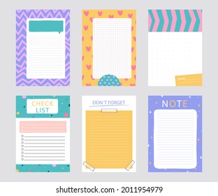 Scrapbook notes and cards. Diary, page notebook, notepad bookmark design. Daily planner element template. Personal memo, paper blank list,  document, sticker, cardboard. Vector illustration. 