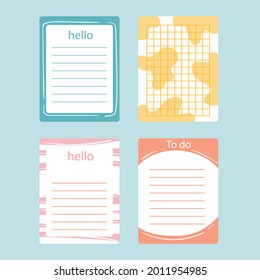 Scrapbook notes and cards. Diary, page notebook, notepad bookmark design. Daily planner element template. Personal memo, paper blank list,  document, sticker, cardboard. Vector illustration. 