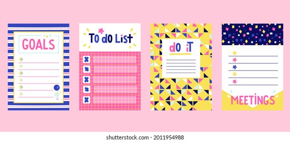 Scrapbook notes and cards. Diary, page notebook, notepad bookmark design. Daily planner element template. Personal memo, paper blank list,  document, sticker, cardboard. Vector illustration. 