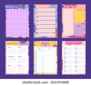 Scrapbook notes and cards. Diary, page notebook, notepad bookmark design. Daily planner element template. Personal memo, paper blank list,  document, sticker, cardboard. Vector illustration. 