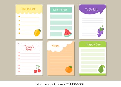 Scrapbook notes and cards. Diary, page notebook, notepad bookmark design. Daily planner element template. Personal memo, paper blank list,  document, sticker, cardboard. Vector illustration. 