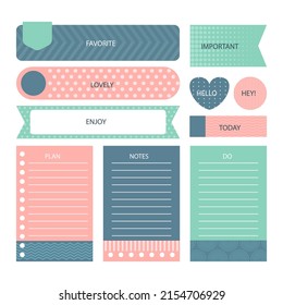 Notas y tarjetas de cuaderno de calificaciones. Diario, bloc de notas de página, diseño de marcadores de notas. Plantilla de elemento planificador diario. Memo personal, lista en blanco de papel, documento, etiqueta adhesiva, cartón. Ilustración vectorial. 