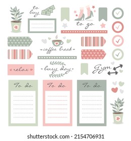 Scrapbook notes and cards. Diary, page notebook, notepad bookmark design. Daily planner element template. Personal memo, paper blank list,  document, sticker, cardboard. Vector illustration. 